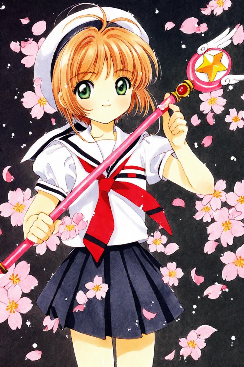 33471-3789513077-Card Captor Sakura,_1girl,kinomoto sakura,solo,tomoeda elementary school uniform,skirt,hat,green eyes,school uniform,holding,whi.png